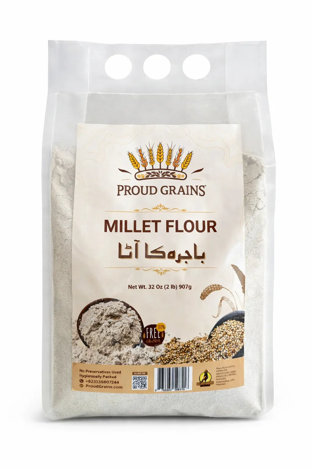 Front view of a clear packet labeled Millet Flour, showing gluten-free wholegrain flour and millet grains.