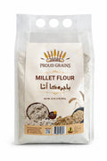 Front view of a clear packet labeled Millet Flour, showing gluten-free wholegrain flour and millet grains.