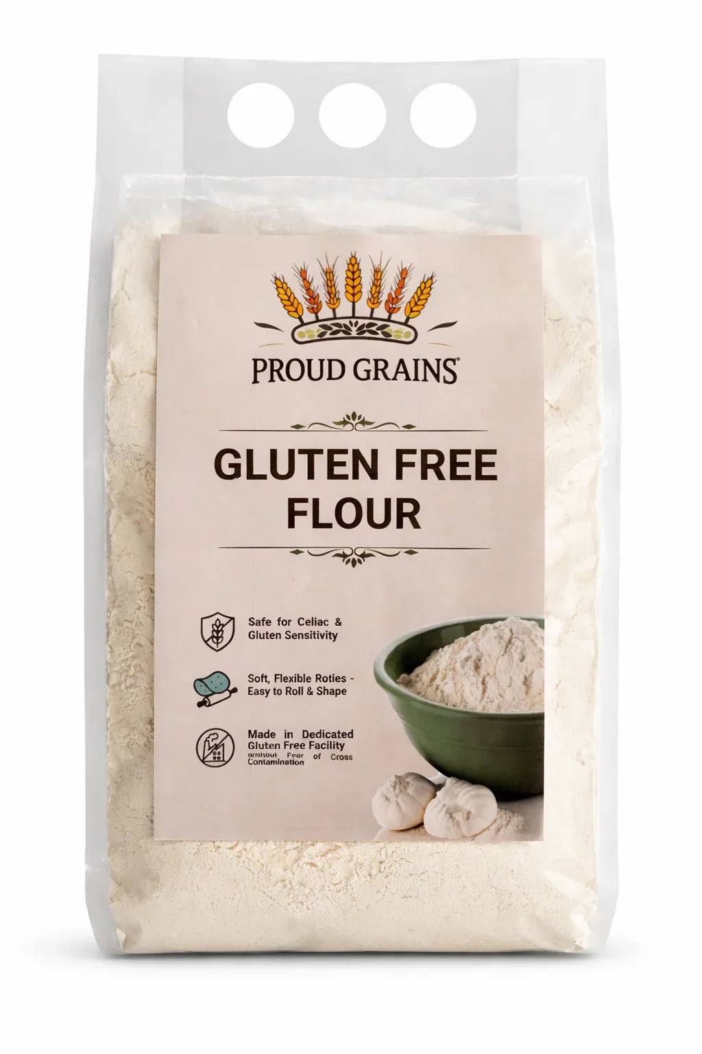 Bag of gluten free flour with green bowl and dough balls, labeled for celiac sensitivity.