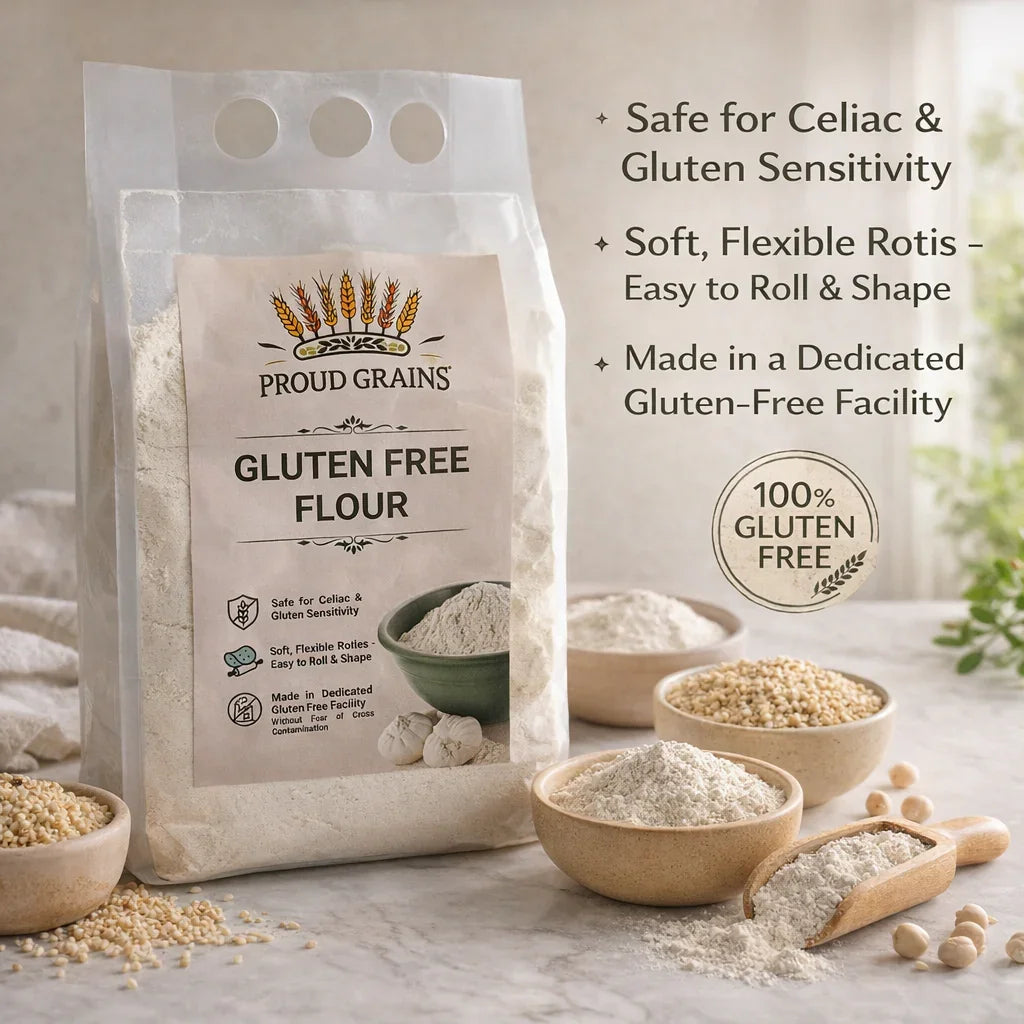 Gluten free flour bag on kitchen counter with bowls of flour and grains, highlighting celiac safe, soft roti making, and 100% gluten free features.