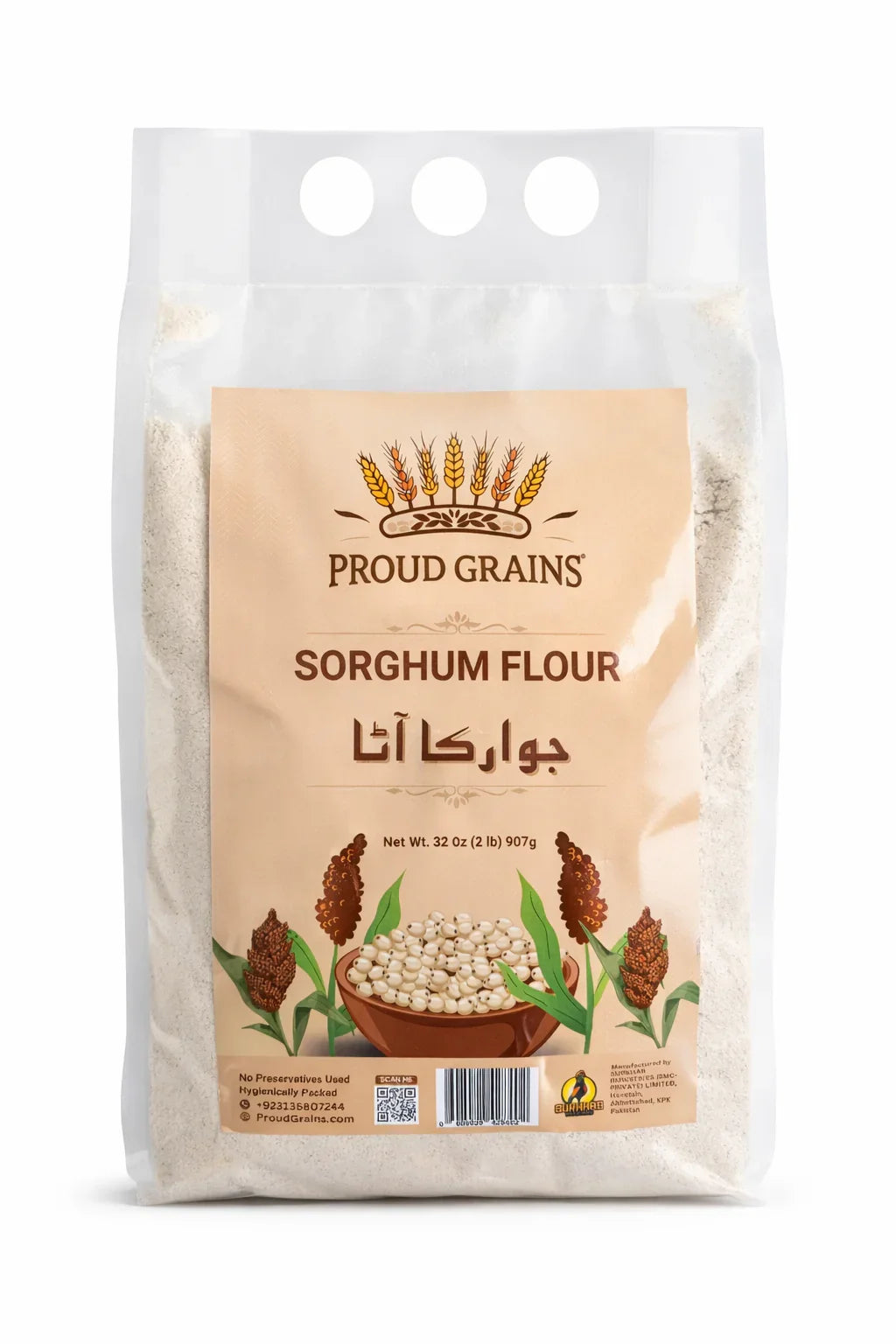 Bag of Proud Grains sorghum flour, labeled gluten-free wholegrain atta, 32 oz pack.