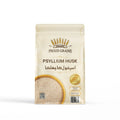 Psyllium husk pouch with digestive health benefits label on white background