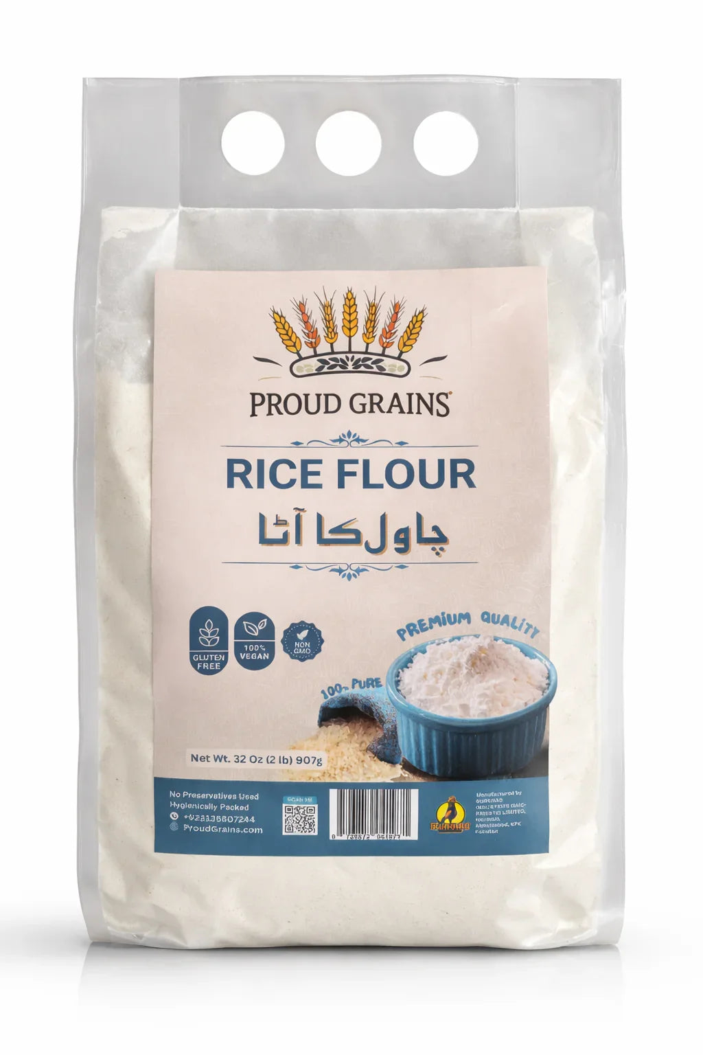 Front of a clear rice flour bag labeled gluten-free, vegan, non-GMO, with a bowl of flour image.