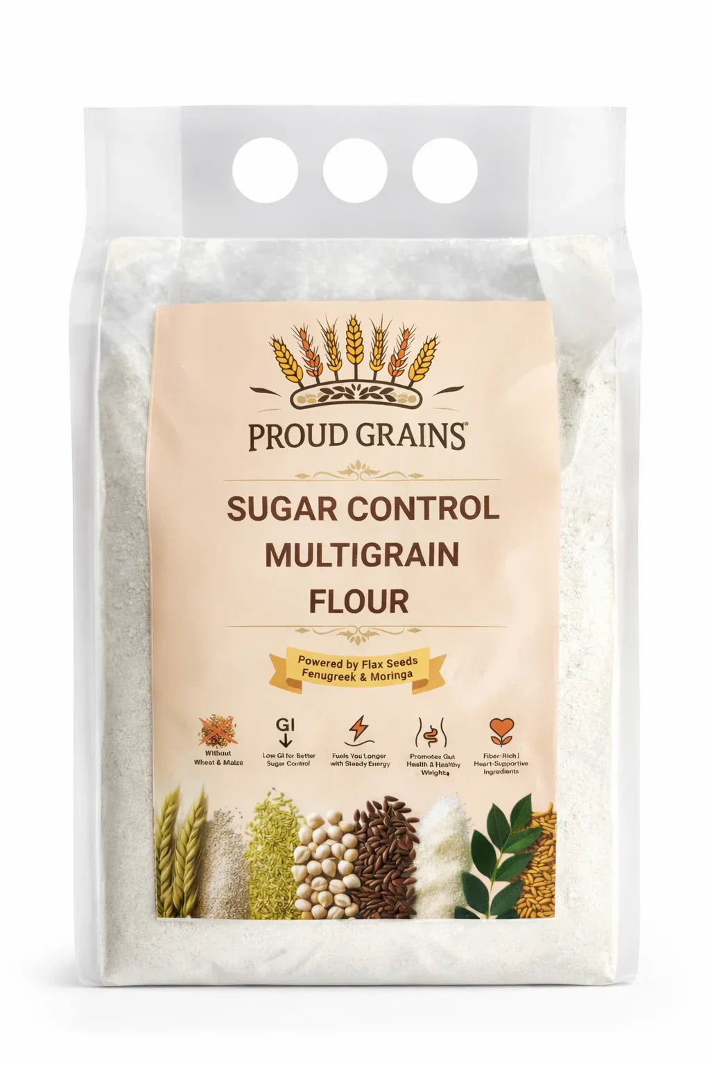 Sugar control multigrain flour in a clear bag with grains and seeds, gluten-free, diabetic-friendly.