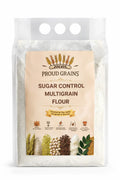 Sugar control multigrain flour in a clear bag with grains and seeds, gluten-free, diabetic-friendly.